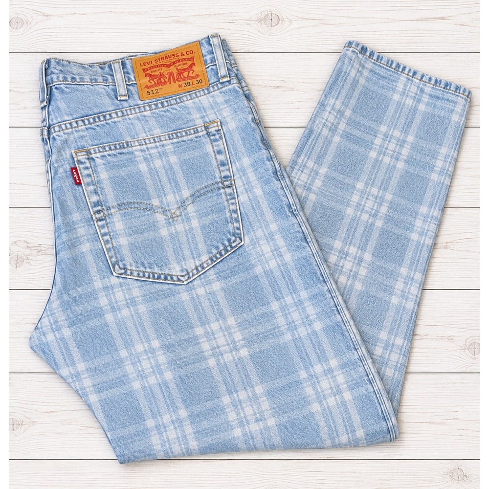 Levi's 512 Men's Plaid Check Light Wash Jeans Vintage Style Straight Leg 38x30